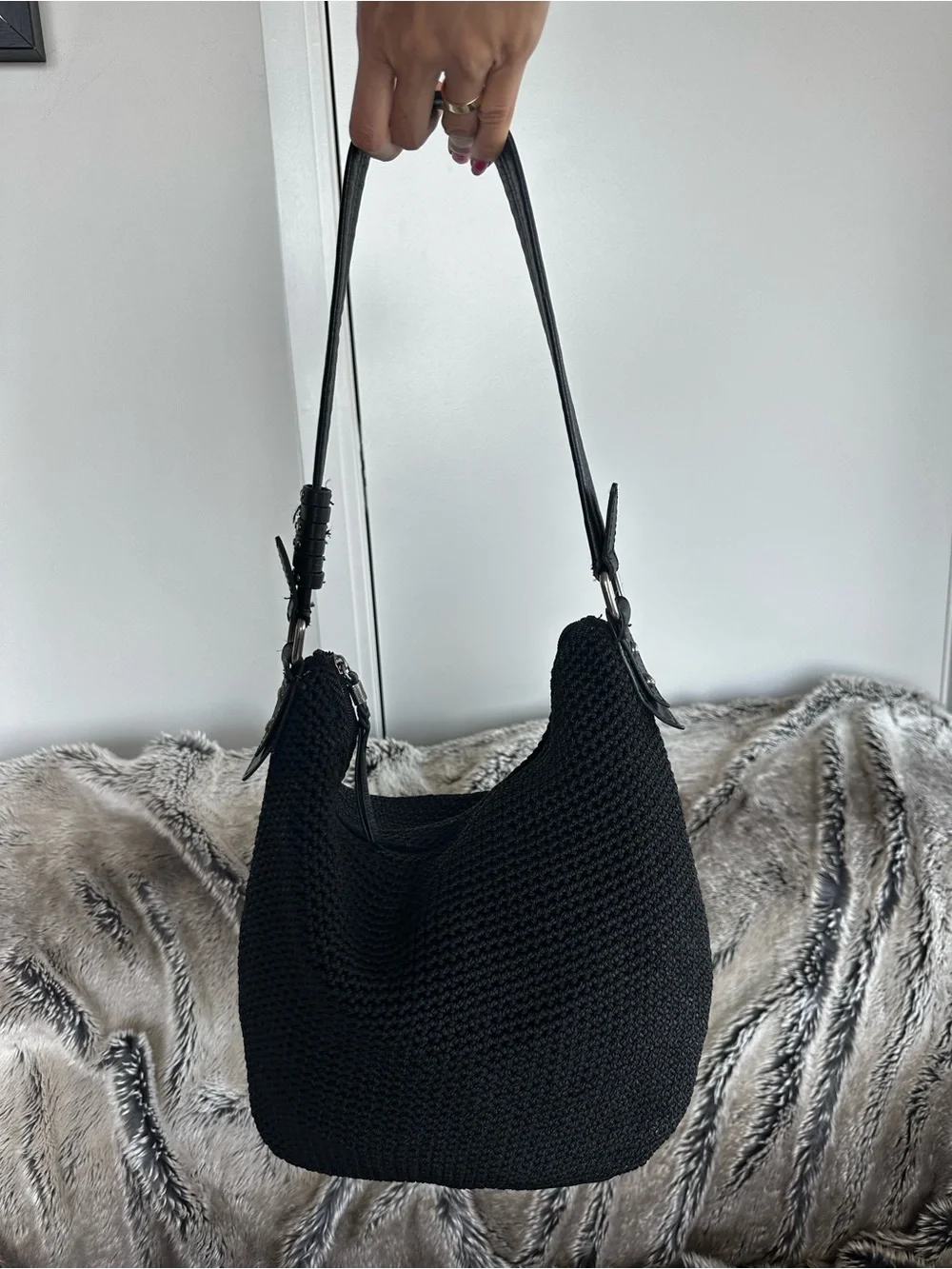 The Sak Black Woven Shoulder Bag with Front Zip